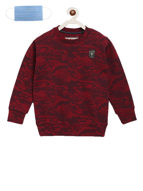 

Lil Tomatoes Boys Maroon Printed Sweatshirt with Face Mask