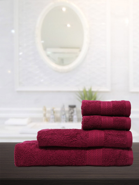 

Trident Unisex Set Of 4 Maroon Solid 425 GSM Celebrations Antimicrobial Towels