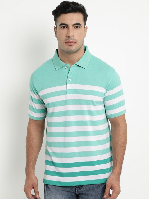 

COBB Men Green & White Striped Polo Collar T-shirt