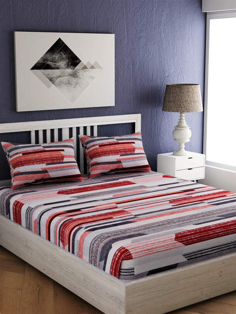 

EverHOME Maroon & Grey Abstract 210 TC Cotton 1 Queen Bedsheet with 2 Pillow Covers