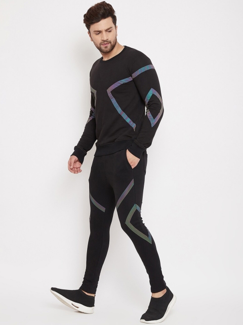 

FUGAZEE Men Black Solid Rainbow Reflective Taped Tracksuit
