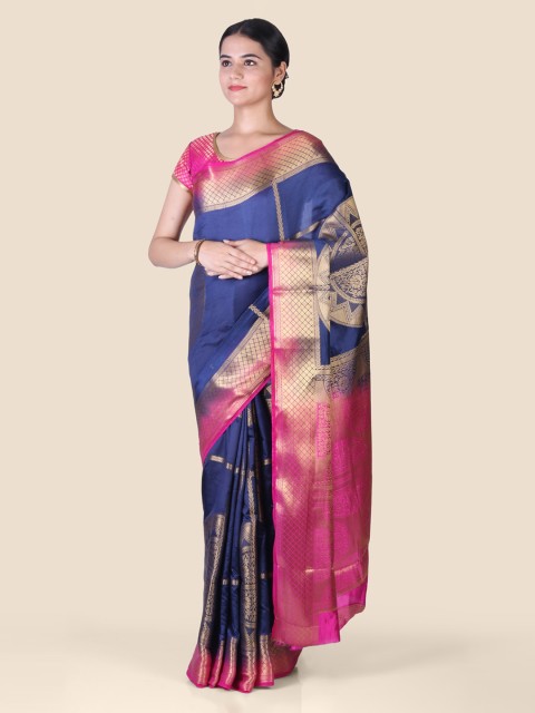 

CLAI WORLD Navy Blue & Pink Silk Blend Woven Design Mysore Silk Saree