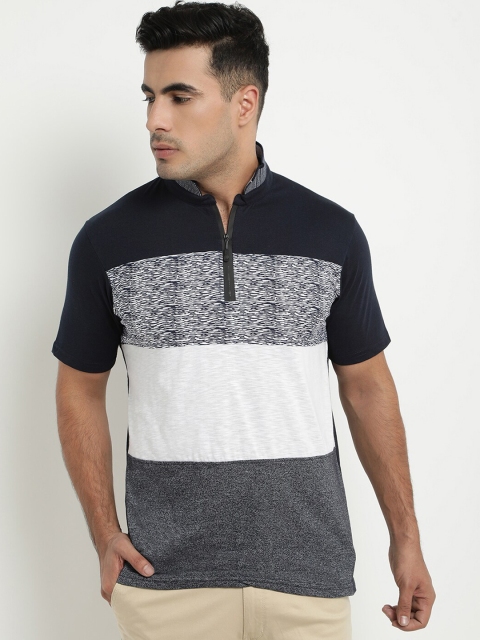 

COBB Men Navy Blue Striped Polo Collar T-shirt