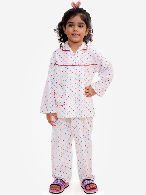 

KID1 Girls White Printed Night suit