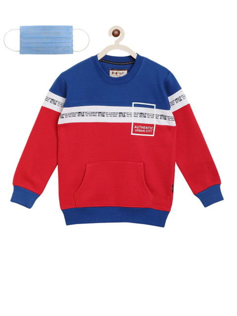 

Lil Tomatoes Boys Red & Blue Colourblocked Sweatshirt with 3-Ply Mask