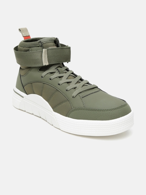 

Xtep Men Olive Green Solid Synthetic Leather High-Top Sneakers
