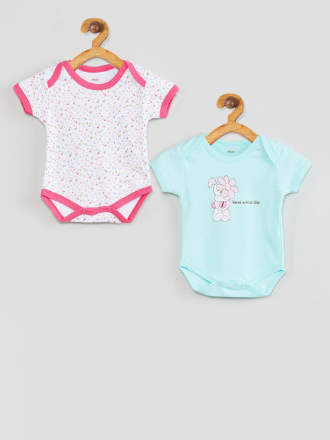 

max Girls Pack of 2 White & Blue Printed Bodysuits