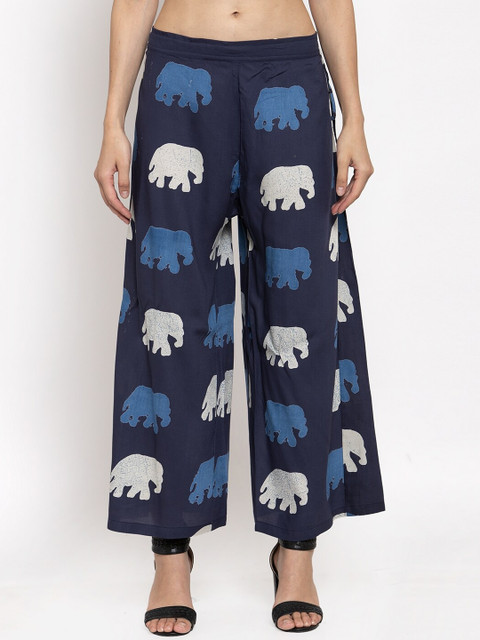 

TAG 7 Women Navy Blue & White Printed Straight Palazzos