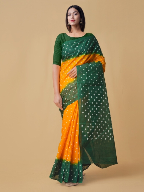 

Unnati Silks Yellow & Green Pure Cotton Dyed Bandhani Saree