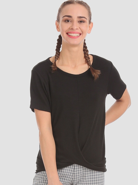 

GAP Women Black Solid Crew Neck Softspun Twist Front Stretch T-Shirt