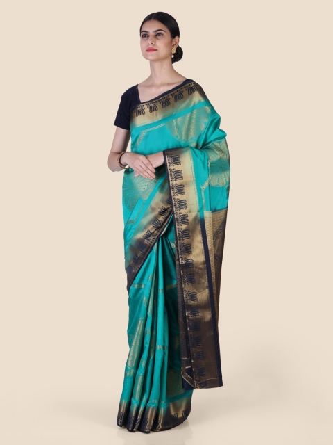 

CLAI WORLD Green & Navy Blue Silk Blend Woven Design Mysore Silk Saree