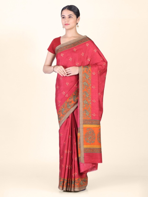 Hastakala Red Embroidered Pure Silk Saree