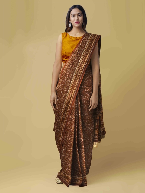 

Unnati Silks Brown Printed Handloom Pure Cotton Saree