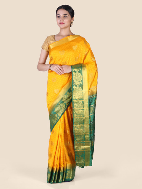

CLAI WORLD Yellow & Green Silk Blend Woven Design Saree