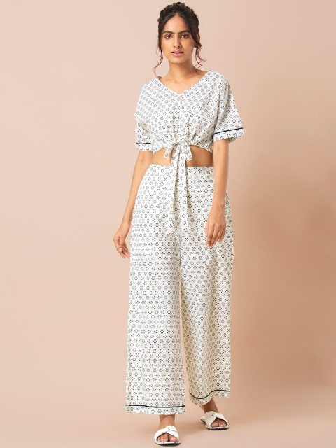 

INDYA Women White Printed Floral Knotted Crop Top and Pants Set