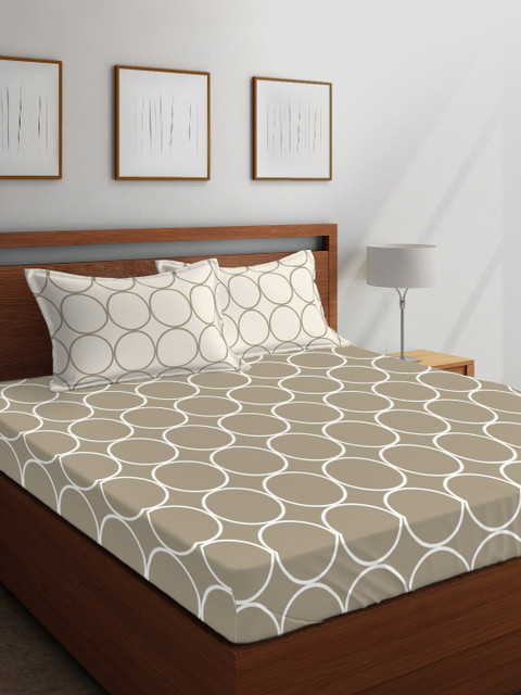 

Layers Beige & White Geometric 104 TC Cotton 1 Queen Bedsheet with 2 Pillow Covers