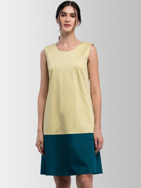 

FableStreet Women Yellow & Teal Green Colourblocked A-Line Dress