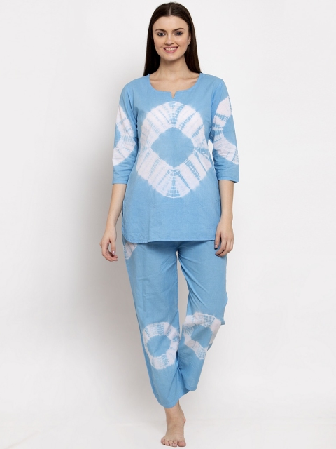 Aujjessa Women Blue & White Shibori Printed Night suit