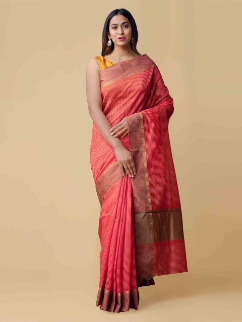 

Unnati Silks Peach-Coloured & Pink Silk Cotton Woven Design Chanderi Saree