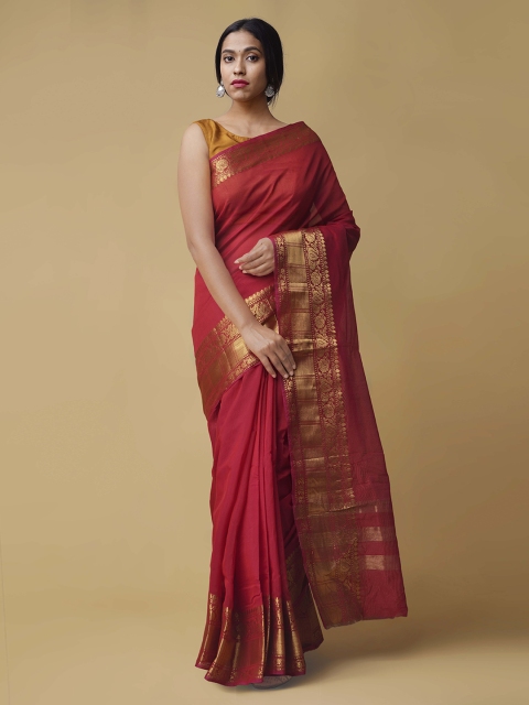

Unnati Silks Red & Gold Silk Cotton Solid Kanchi Saree