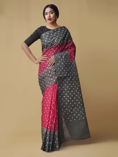 

Unnati Silks Pink & Grey Pure Cotton Dyed Bandhani Saree