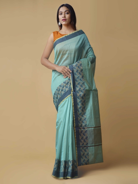 

Unnati Silks Sea Green Silk Cotton Woven Design Kanjeevaram Handloom Saree