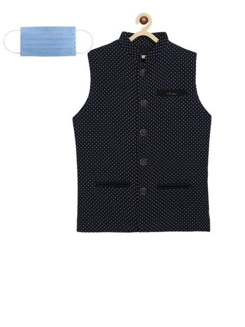 

Lil Tomatoes Boys Navy Blue & White Printed Pure Cotton Nehru Jacket With Face Mask