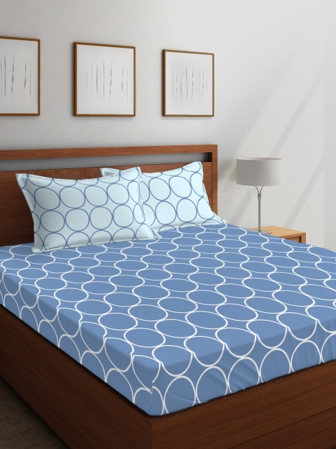

Layers Blue & White Geometric 104 TC Cotton 1 Queen Bedsheet with 2 Pillow Covers
