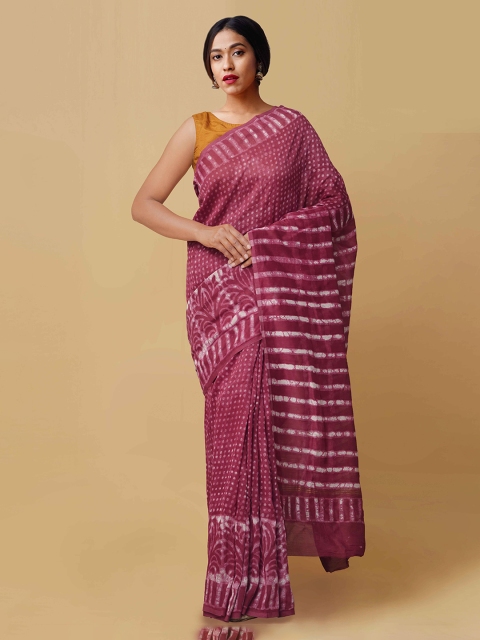 

Unnati Silks Pink & Beige Silk Cotton Dabu Printed Handloom Chanderi Saree