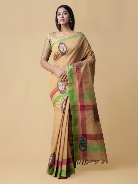 

Unnati Silks Beige & Green Pure Cotton Kalamkari Mangalagiri Handloom Saree