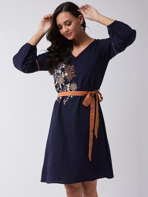 

InWeave Women Navy Blue Printed Fit and Flare Dress With Belt
