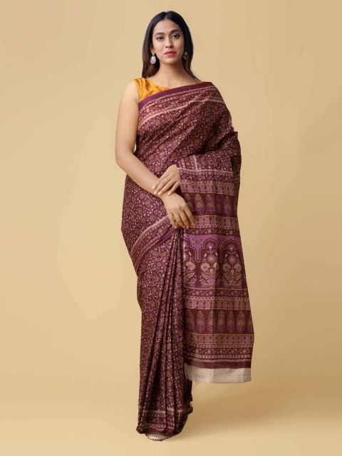 

Unnati Silks Maroon Printed Pure Cotton Handloom Saree