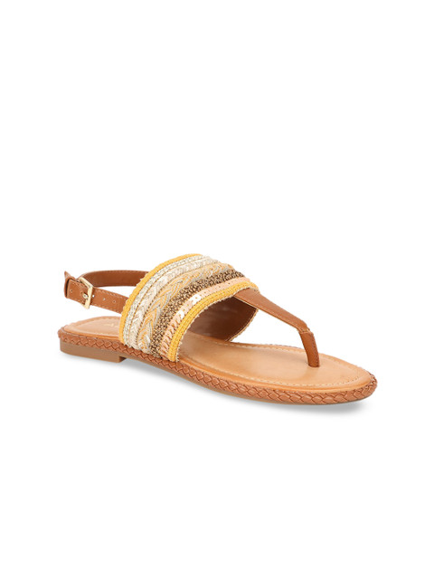 

ALDO Women Brown Woven Design Fabric T-Strap Flats