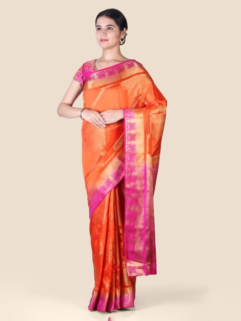 

CLAI WORLD Orange & Pink Silk Blend Woven Design Mysore Silk Saree