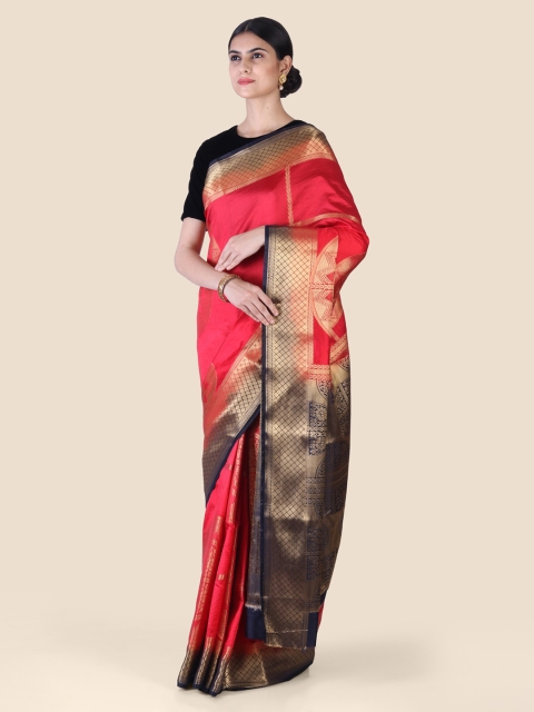 

CLAI WORLD Pink & Navy Blue Silk Blend Woven Design Mysore Silk Saree