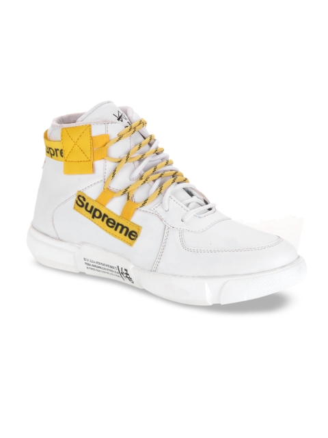 Woakers Men White & Yellow Colourblocked Mesh Mid-Top Sneakers