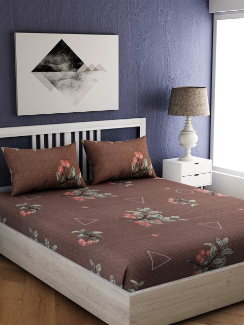 

EverHOME Brown & Green Floral 210 TC Cotton 1 Queen Bedsheet with 2 Pillow Covers