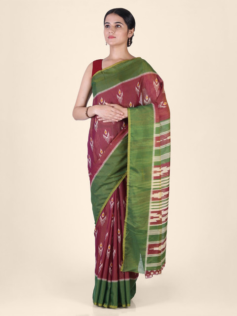 

CLAI WORLD Brown & Green Silk Blend Printed Ikat Saree