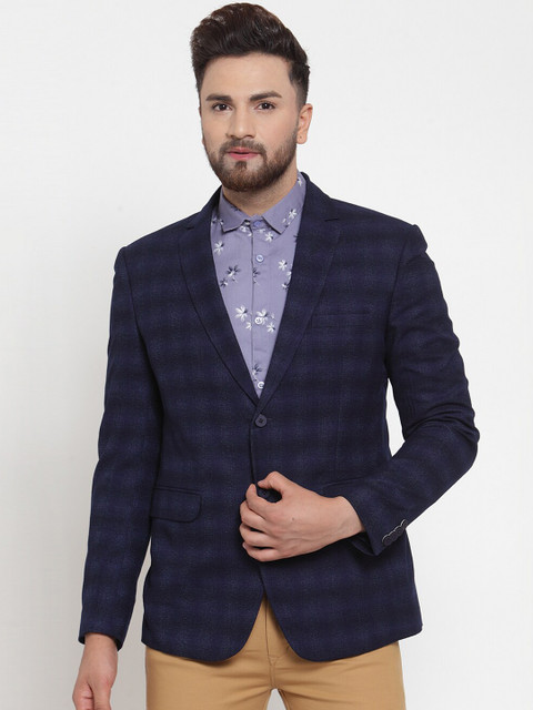

MAXENCE Men Navy Blue Checked Slim-Fit Single-Breasted Formal Blazer