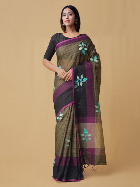 

Unnati Silks Grey & Purple Pure Cotton Embroidered Handloom Mangalagiri Saree