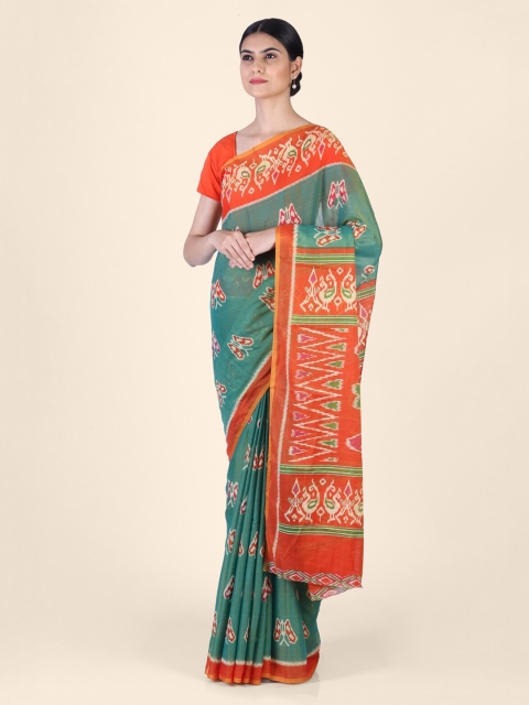 

CLAI WORLD Green & Orange Silk Blend Printed Handloom Ikat Saree