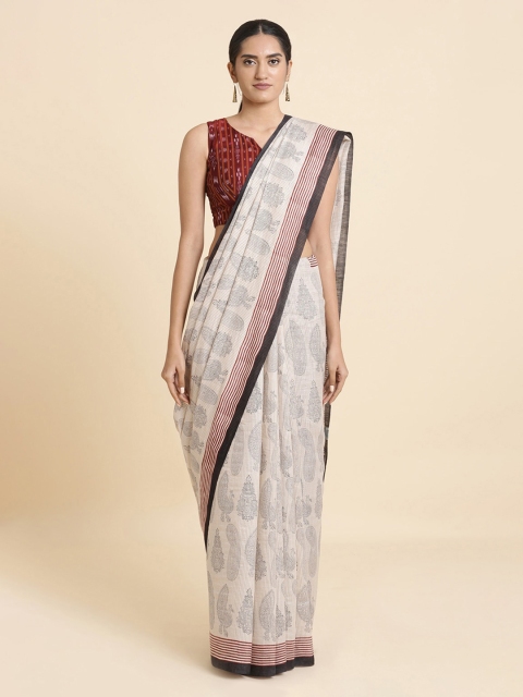 

Taneira Cream-Coloured Hand Block Printed Tussar Sustainable Saree