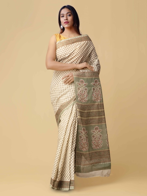 

Unnati Silks Cream-Coloured & Green Pure Cotton Handloom Printed Saree
