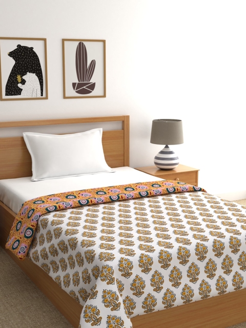 

URBAN SPACE White & Yellow Floral AC Room 350 GSM Single Bed Dohar