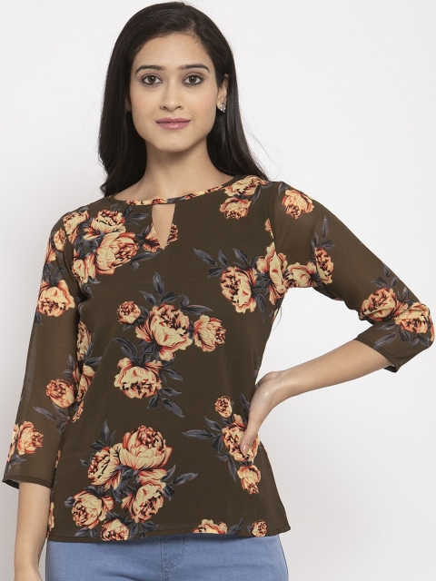 

Karmic Vision Women Olive Brown Floral Printed Top