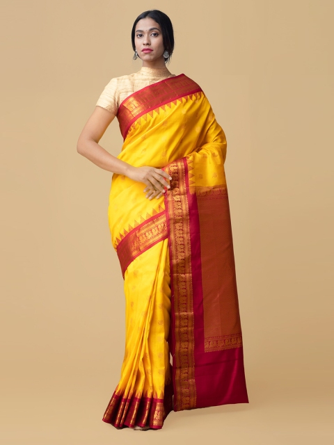 

Unnati Silks Yellow & Red Pure Silk Woven Design Gadwal Handloom Saree