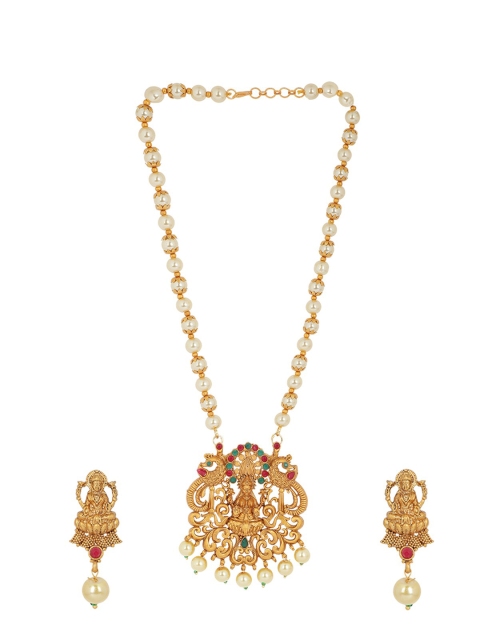 

ANIKAS CREATION Gold-Plated Off-White & Green Stone-Studded Beaded Temple Jewellery Set