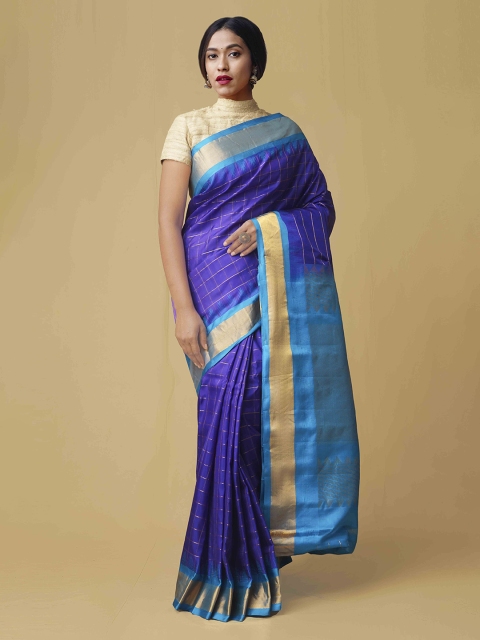 

Unnati Silks Blue & Gold-Coloured Pure Silk Checked Handloom Saree