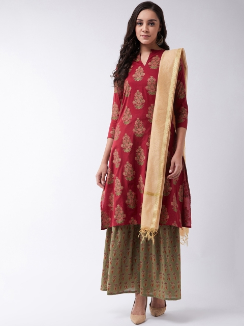 

InWeave Women Maroon & Green Printed Kurta with Sharara & Dupatta