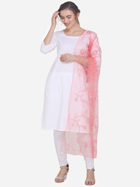 mf White & Pink Embroidered Dupatta